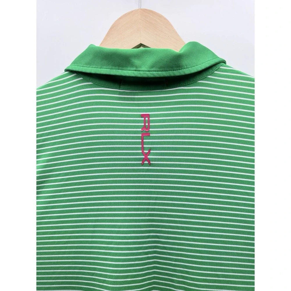 RLX Ralph Lauren Golf Polo Shirt Mens XXL Green White Striped Wicking Pink Logo